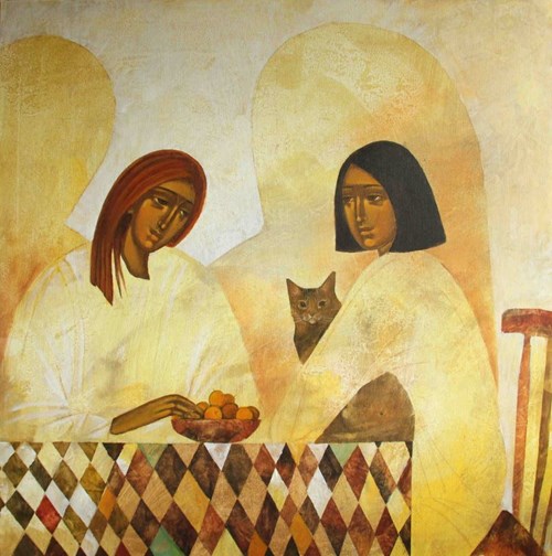 Obraz do salonu artysty Sylwia Perczak pod tytułem Anioł, kot, mirabelki i ja