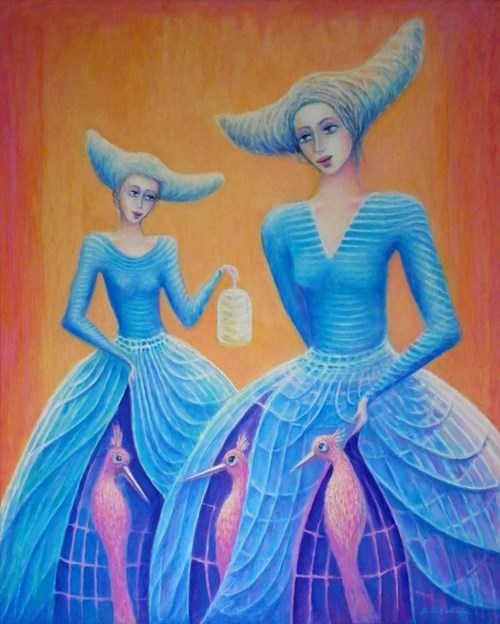Living room painting by Bohdan Wincenty Łoboda titled Las Meninas - tres pajaros