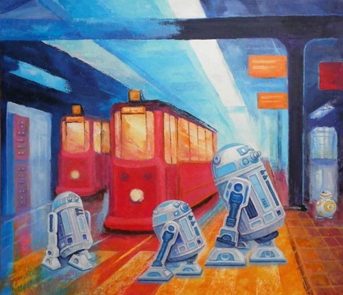 Obraz do salonu artysty Bohdan Wincenty Łoboda pod tytułem Metropolis - tramwaje i R2-D2