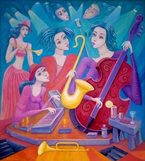 Living room painting by Bohdan Wincenty Łoboda titled Jazz Virgos