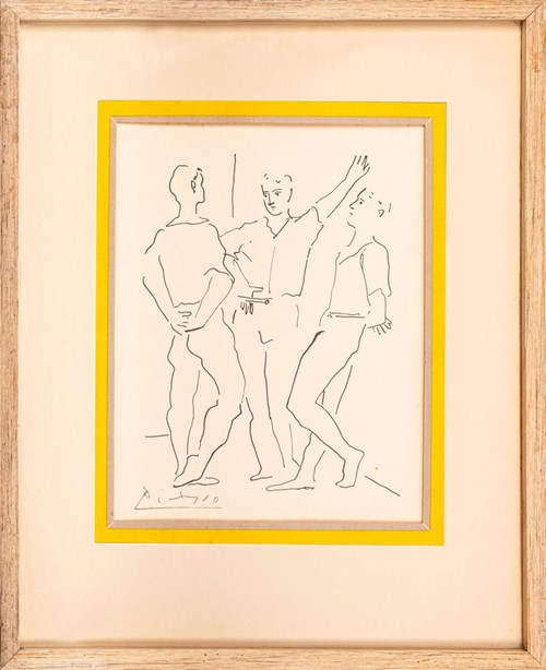 Grafika do salonu artysty Pablo Picasso pod tytułem Trzej mężczyźni, XX w.