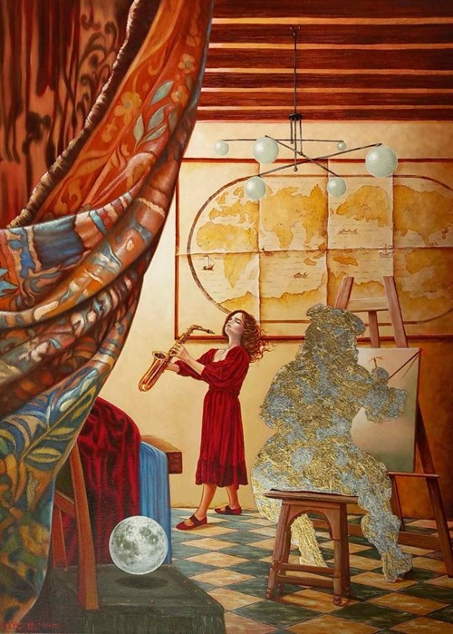 Living room painting by Mariusz Zdybał titled Allegory of Painting from the Vermeer Window Cycle