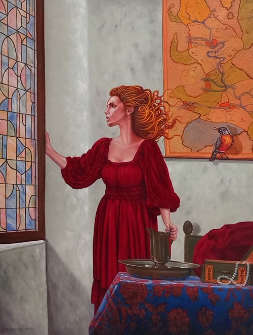 Obraz do salonu artysty Mariusz Zdybał pod tytułem Dziewczyna z dzbanem z cyklu Okna Vermera