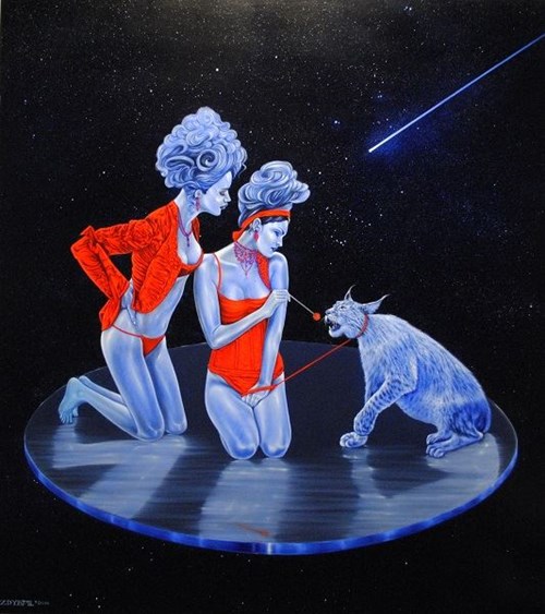 Living room painting by Mariusz Zdybał titled Tamin the galactic lynx