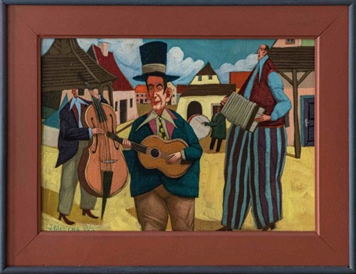 Living room painting by Jacek Pałucha titled Musicians