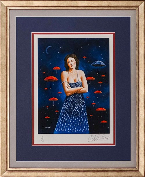 Grafika do salonu artysty Rafał Olbiński pod tytułem Dziewczyna w deszczowej sukience II z XX