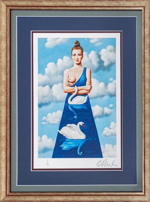 Living room print by Rafał Olbiński titled Swans floating in the clouds IzXX