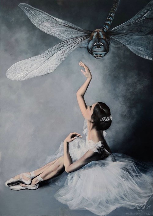 Living room painting by Agata Mikulska-Sienkiewicz titled Dragonfly from the Ballet Cycle – Fantastically