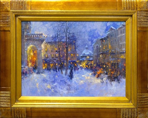Living room painting by Anatol Martyniuk titled Lviv, Evening on Old Square