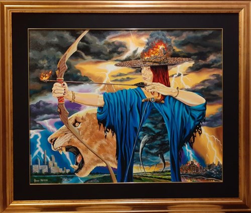 Living room painting by Krzysztof Żyngiel titled Godess of War