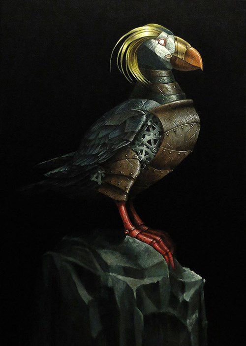 Living room painting by Emil Goś titled Tufted puffin