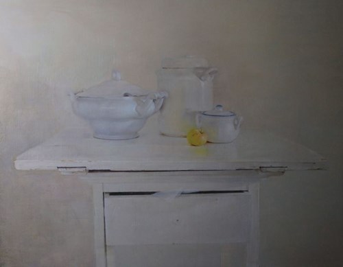 Living room painting by Wiesław Nowakowski titled White Painiting IV