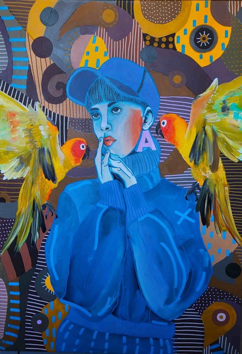 Living room painting by Marcin Painta titled She and the blue hat