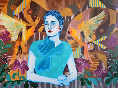 Living room painting by Marcin Painta titled She and Two Parrots