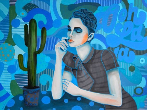 Obraz do salonu artysty Marcin Painta pod tytułem Ona i kaktus w niebieskich kolorach