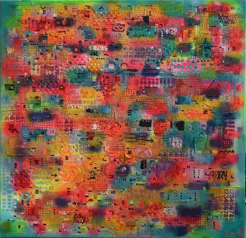 Living room painting by Krzysztof Pająk titled DNA codes