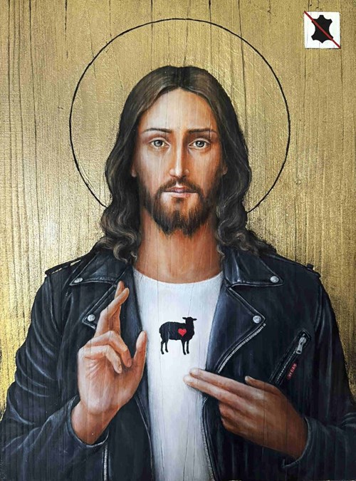 Living room painting by Borys Fiodorowicz titled Jesus in the Skies