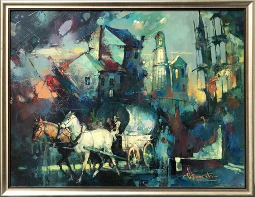Living room painting by Wacław Sporski titled Traveling Fair