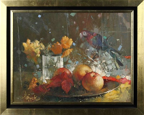 Living room painting by Wacław Sporski titled Still Nature with Parrot