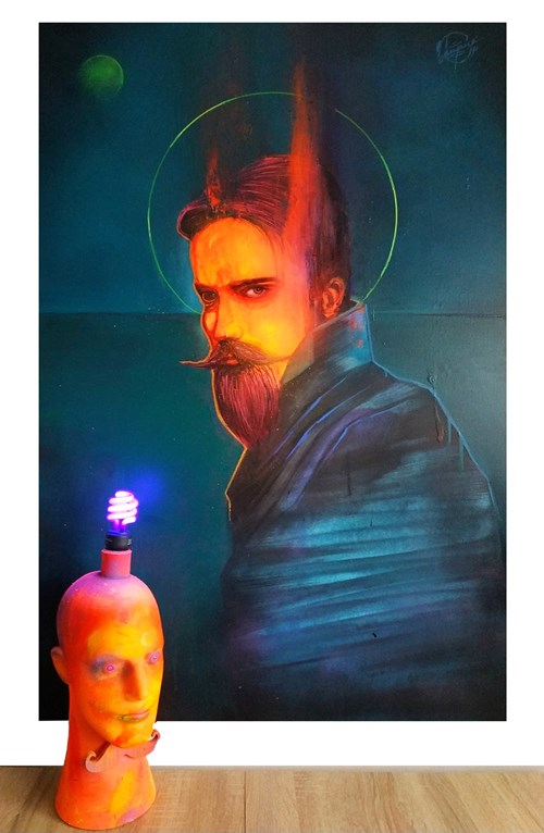 Living room painting by Campio titled Fake Saint i Head Lamp (painting and Lamp)