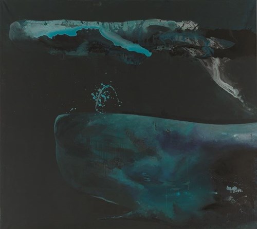 Living room painting by Barbara Kozaczkiewicz titled whales