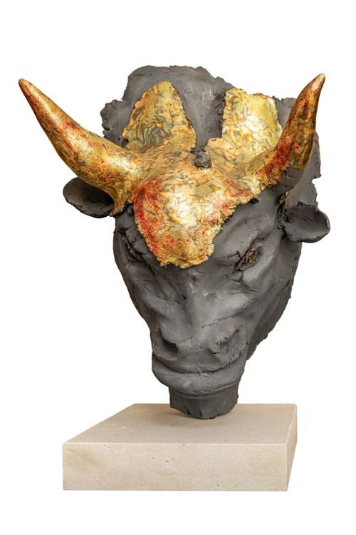 Living room sculpture by Jacek Opała titled Bull head