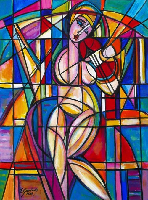 Living room painting by Eugeniusz Gerlach titled Nude with red violins