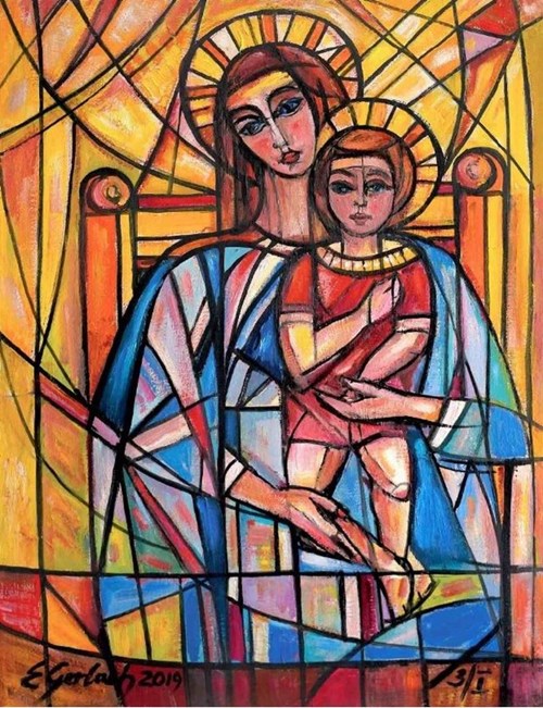 Living room painting by Eugeniusz Gerlach titled Mother Mary With a Child