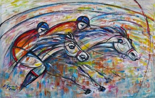 Living room painting by Eugeniusz Gerlach titled Horse Race