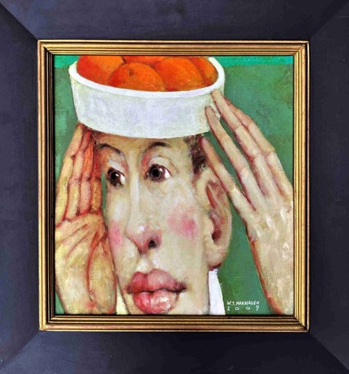 Obraz do salonu artysty Waldemar Marszałek pod tytułem Chłopiec z owocami na głowie