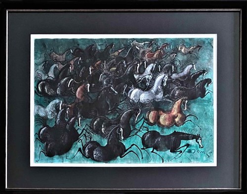 Living room painting by Józef Wilkoń titled Blue Herd
