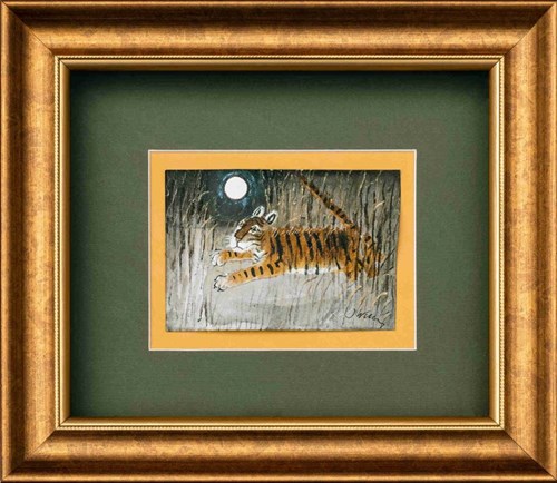 Living room painting by Józef Wilkoń titled Tiger Cub in a Moon Jump