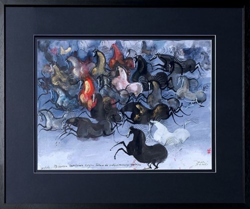Living room painting by Józef Wilkoń titled I Let Another Herd to Gallop Against Coravirus