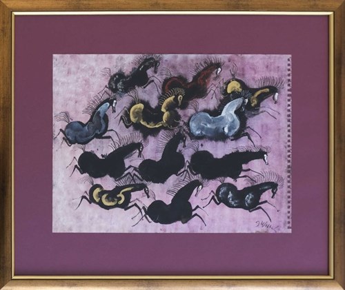 Living room painting by Józef Wilkoń titled Herd in Purple