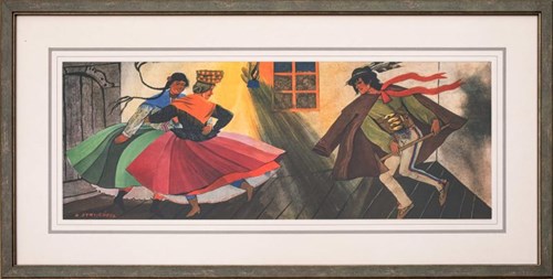 Living room print by Zofia Stryjeńska titled Highlander dances in the room, 20th century