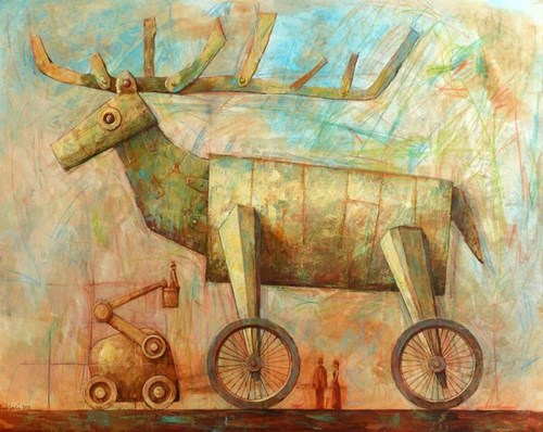 Living room painting by Grzegorz Radziewicz titled Trojan deer