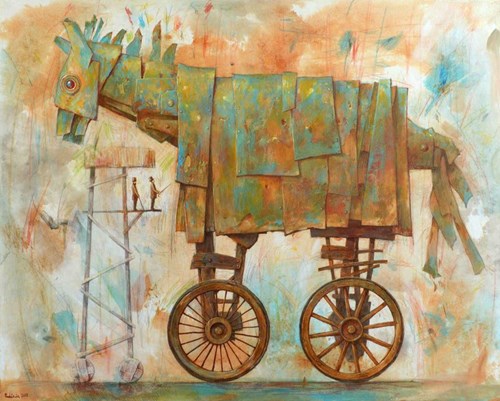 Living room painting by Grzegorz Radziewicz titled Trojan horse