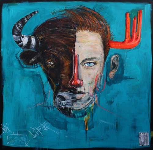 Living room painting by Wojciech Brewka titled Bull (We Are All Animals Series)