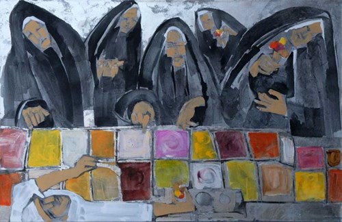 Living room painting by Monika Ślósarczyk titled Nuns and Ice Cream Time