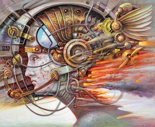 Living room painting by Maciej Wierzbicki titled Mechanical warrior