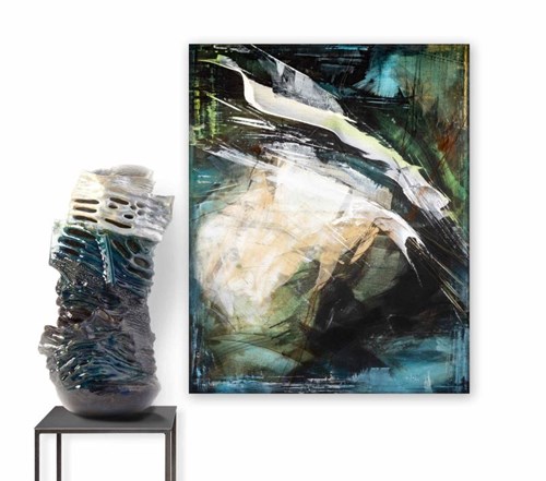 Living room painting by Joanna Roszkowska titled Duet Breath of green
