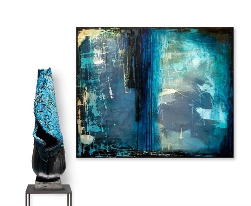 Living room painting by Joanna Roszkowska titled Duet Azure