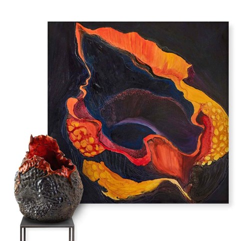 Obraz do salonu artysty Joanna Roszkowska pod tytułem Duet Orange Flow (obraz i rzeźba)