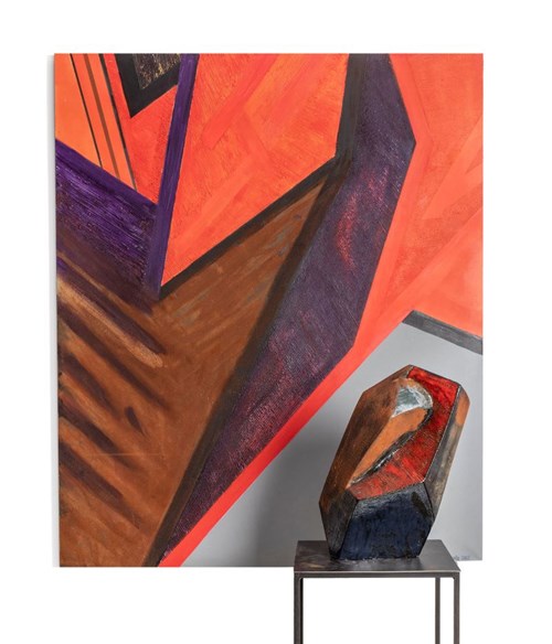Living room painting by Joanna Roszkowska titled Rusty orange duo (painting and sculpture)