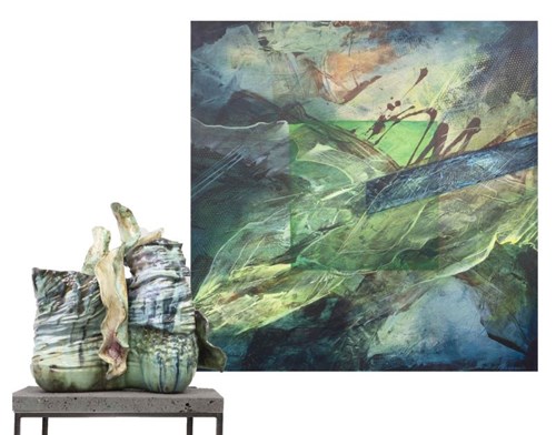 Obraz do salonu artysty Joanna Roszkowska pod tytułem Duet Let's talk about green (obraz i rzeźba)