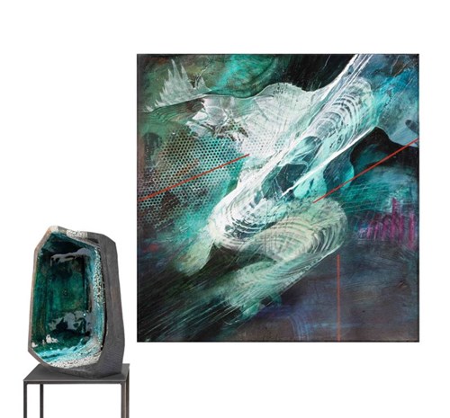 Obraz do salonu artysty Joanna Roszkowska pod tytułem Duet Teal Silence (obraz i rzeźba)