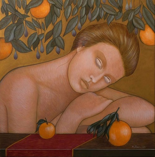 Living room painting by Katarzyna Kołtan titled Untitled (Girl with Oranges)