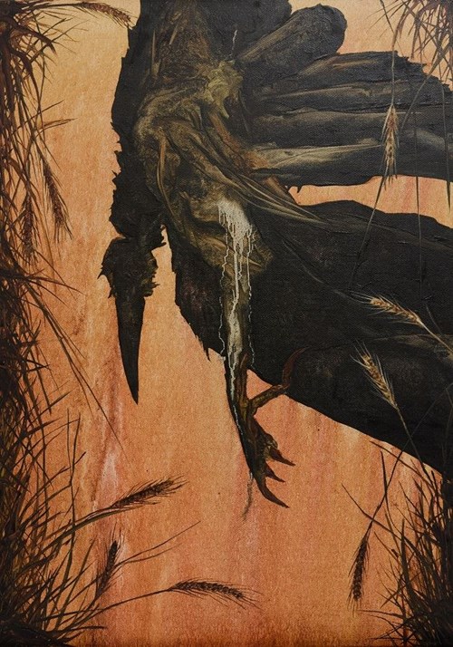 Living room painting by Michał Jankowski titled Raven in wheat