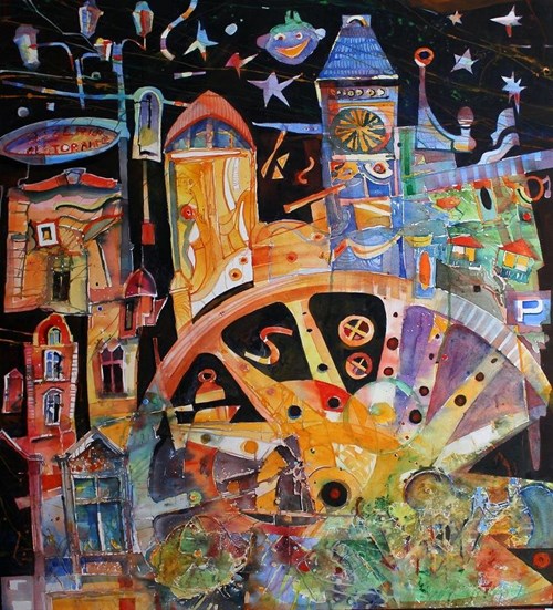 Obraz do salonu artysty Krzysztof Ludwin pod tytułem KATOWICKA KARUZELA Z CYKLU BAJKO O MIASTACH