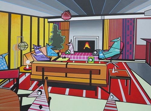 Living room painting by Marcin Błach titled LEŚNA ZWIERZYNA W POMIESZCZENIU